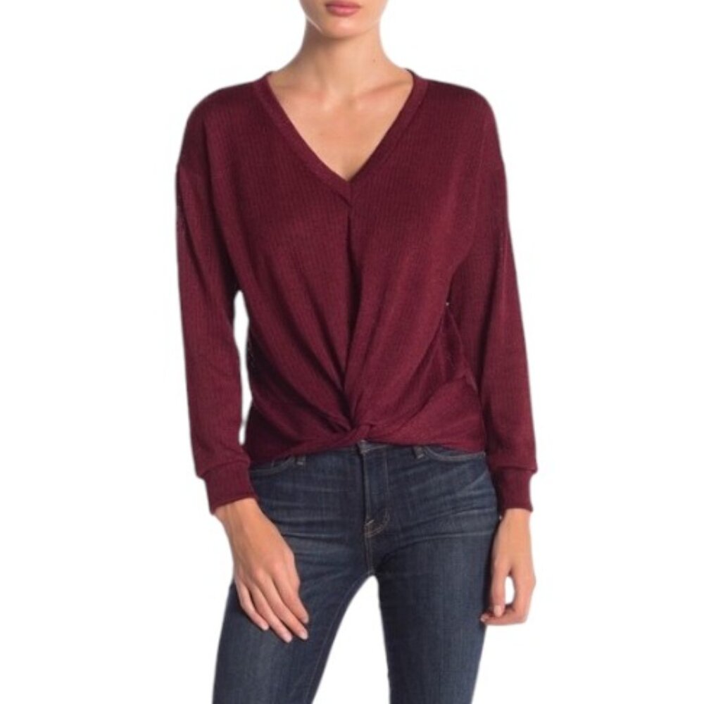 LUSH | Maroon Wine Light V-Neck Sweater w/ Twisted Knot Detail | XL